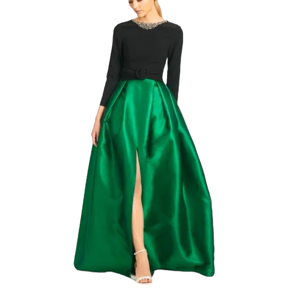 Sachin & Babi Desdemona Gown Emerald and Black Embellished Neckline Size 4 NWT